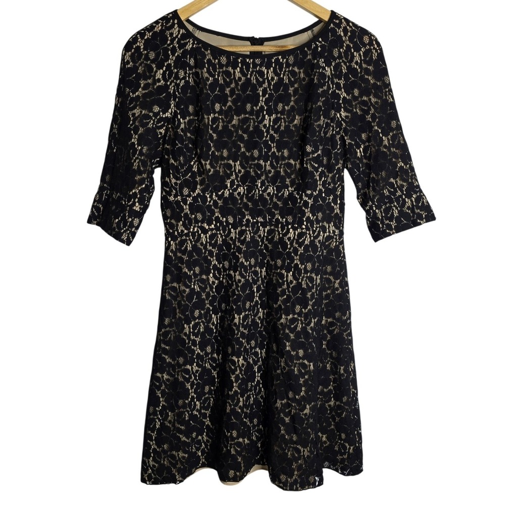 ABS by Allen Schwartz Black‎ Gold Lace Overlay Dress 3/4 Sleeve Fit Flare Size 4